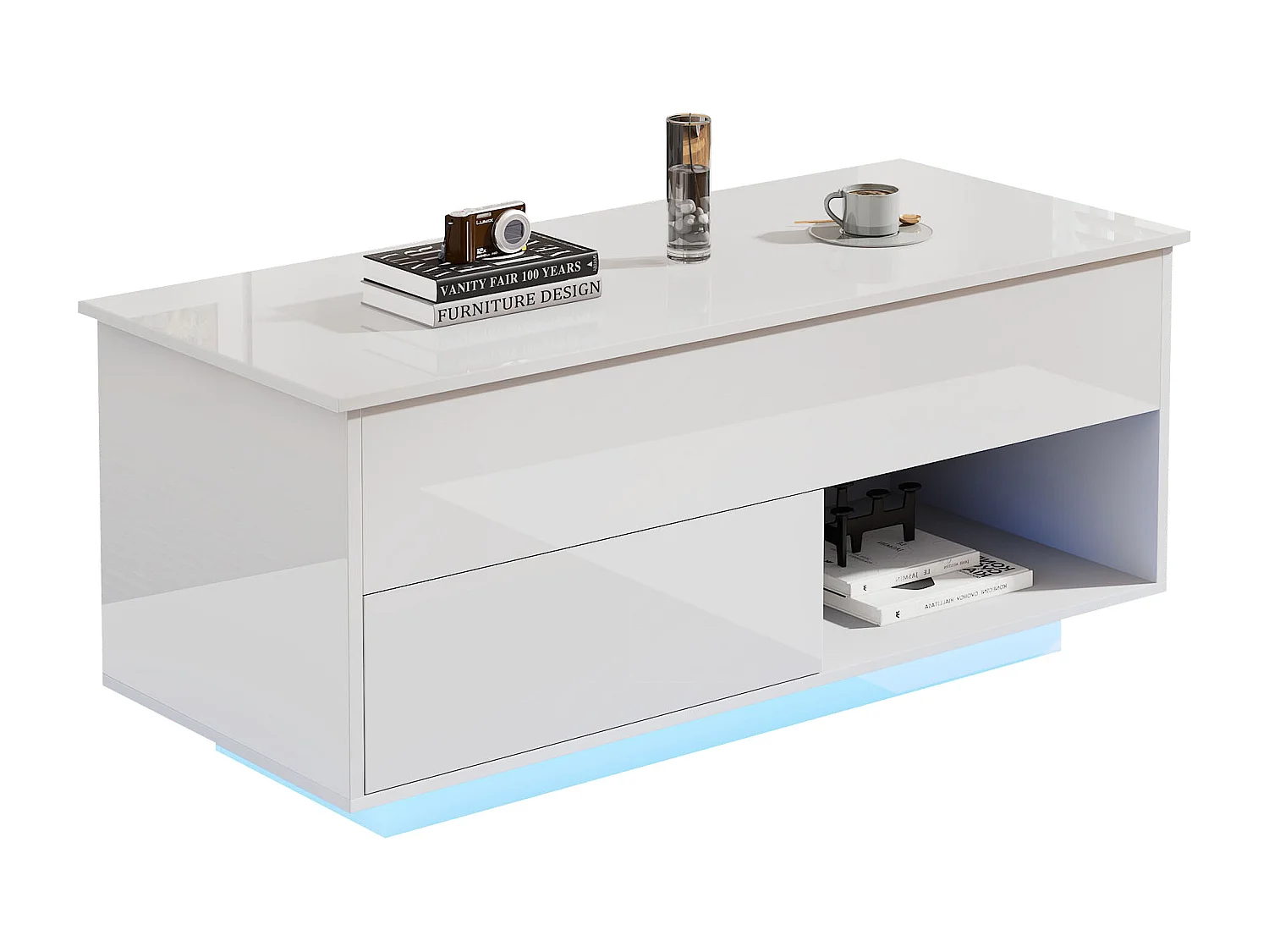 Table basse relevable avec LED - avec rangements - effet brillant - Blanc