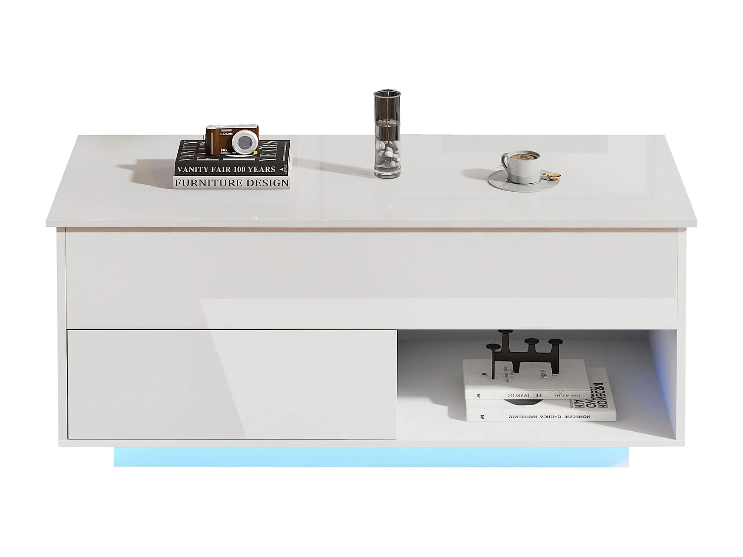 Table basse relevable avec LED - avec rangements - effet brillant - Blanc