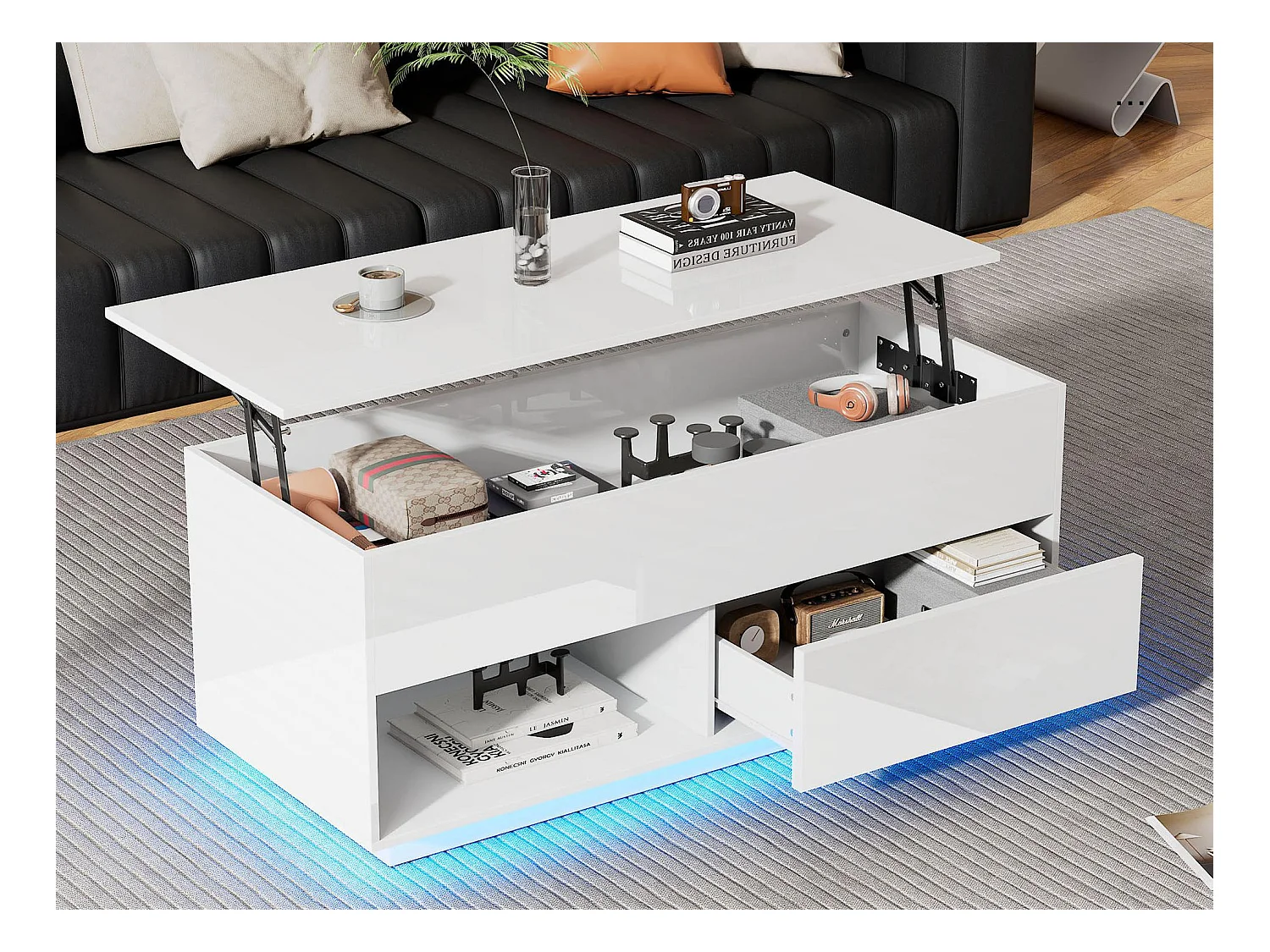 Table basse relevable avec LED - avec rangements - effet brillant - Blanc