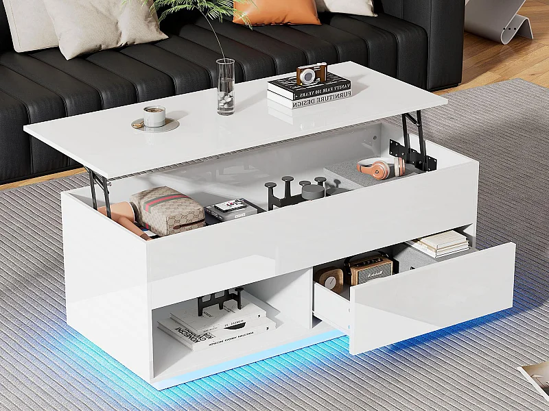 Anhebbarer Couchtisch mit LED – mit Stauraum – Glanzeffekt – Weiß