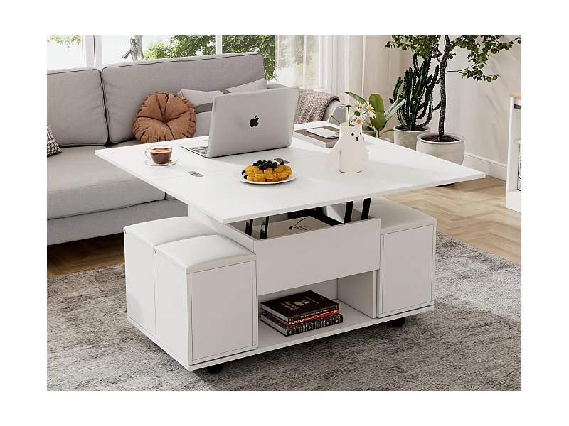 Table basse multifonctionnelle - transformée en table et 4 tabourets - Blanc