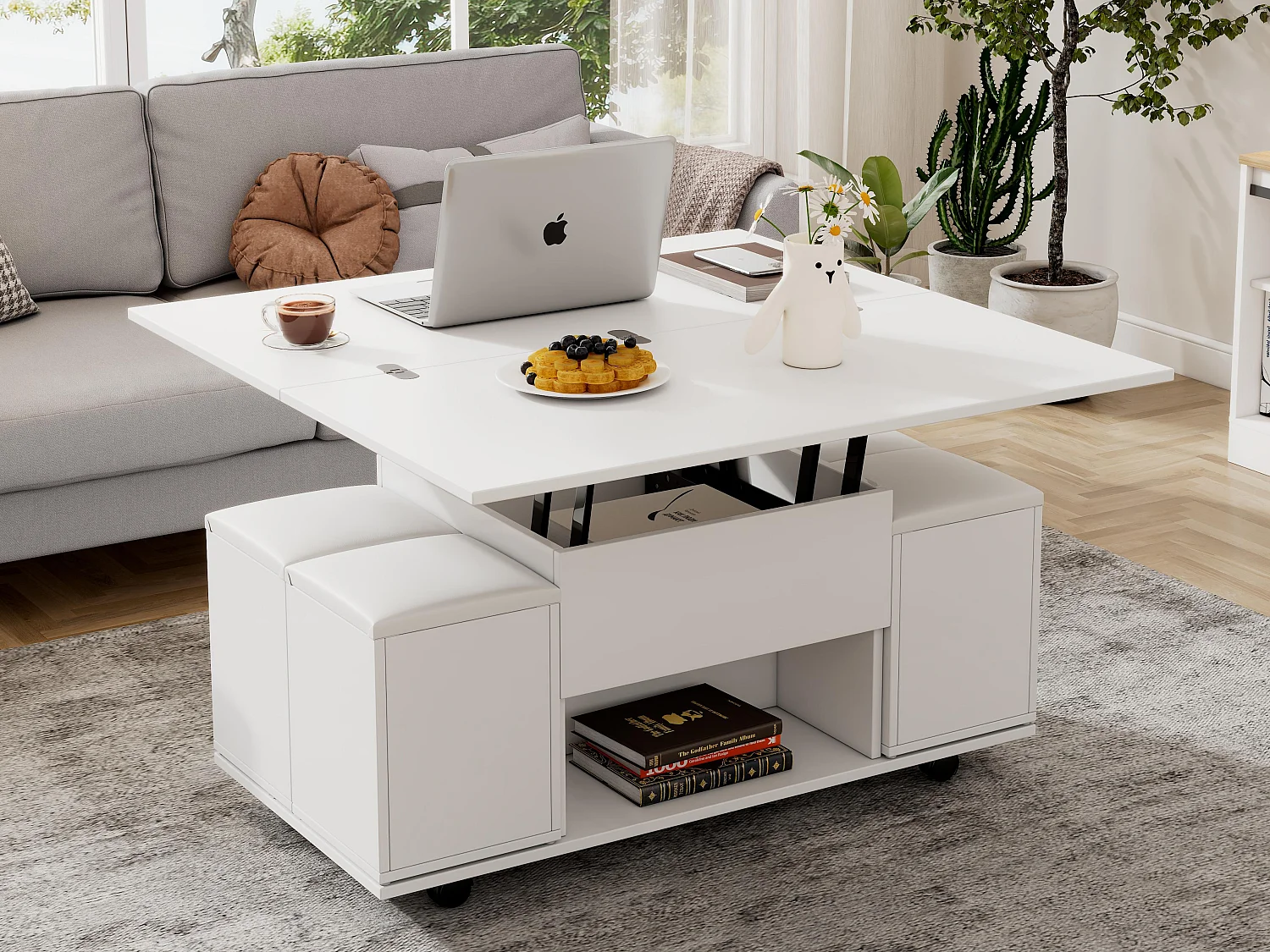 Mesa de centro multifuncional - transformada em mesa e 4 bancos - Branco