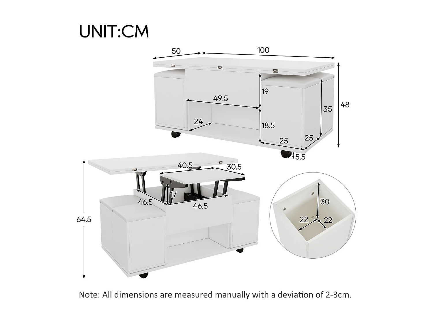 Mesa de centro multifuncional - transformada em mesa e 4 bancos - Branco