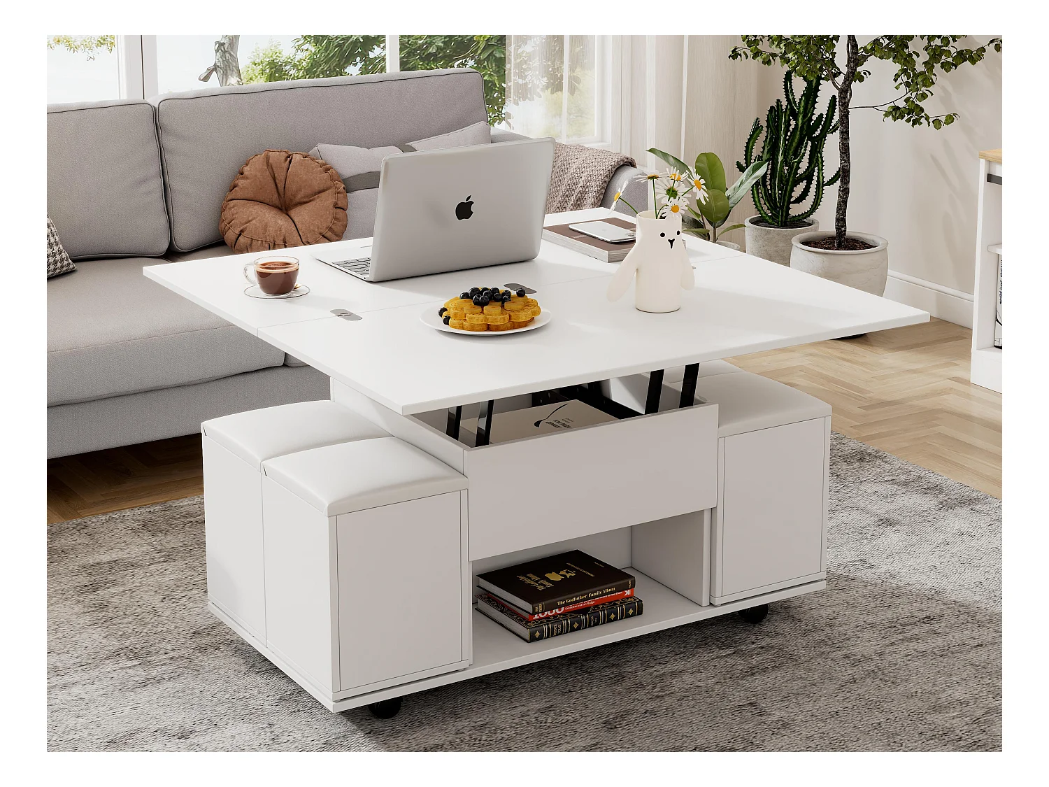 Table basse multifonctionnelle - transformée en table et 4 tabourets - Blanc