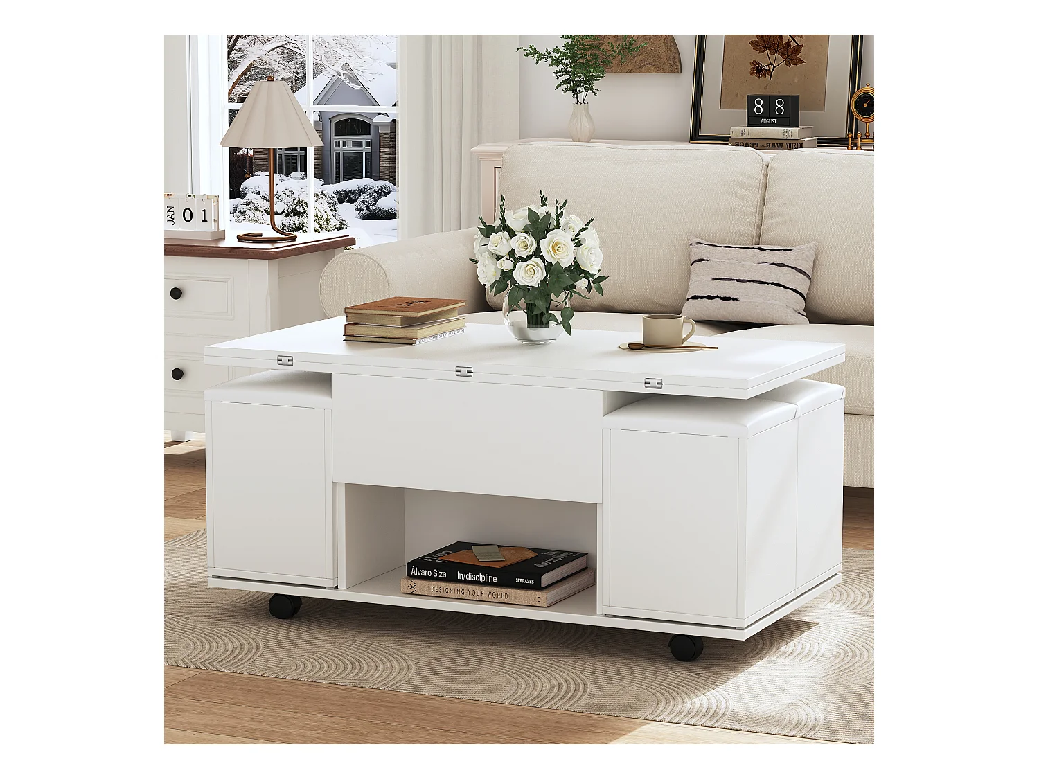 Table basse multifonctionnelle - transformée en table et 4 tabourets - Blanc