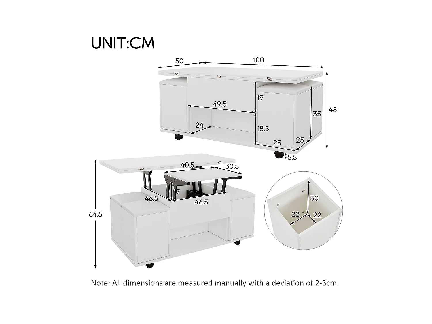 Table basse multifonctionnelle - transformée en table et 4 tabourets - Blanc