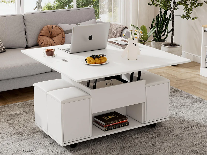 Tavolino multifunzionale - trasformabile in tavolo e 4 sgabelli - Bianco