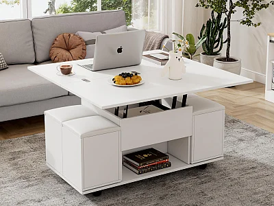 Table basse multifonctionnelle - transformée en table et 4 tabourets - Blanc