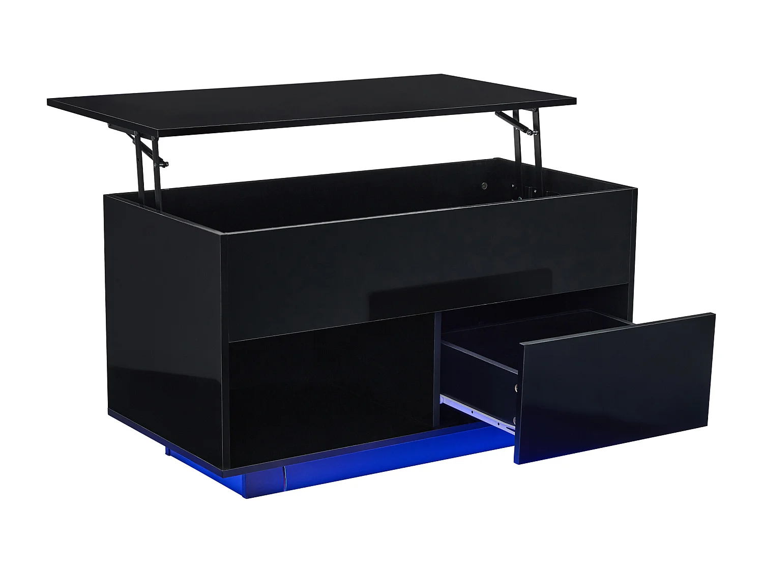Anhebbarer Couchtisch mit LED – mit Stauraum – Glanzeffekt – Schwarz