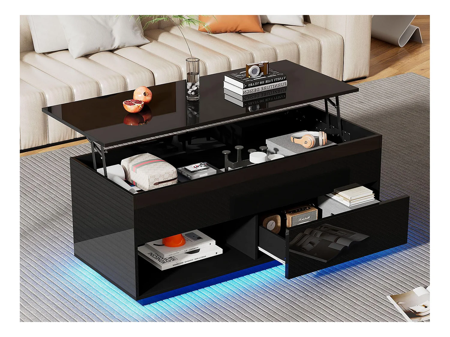 Table basse relevable avec LED - avec rangements - effet brillant - Noir