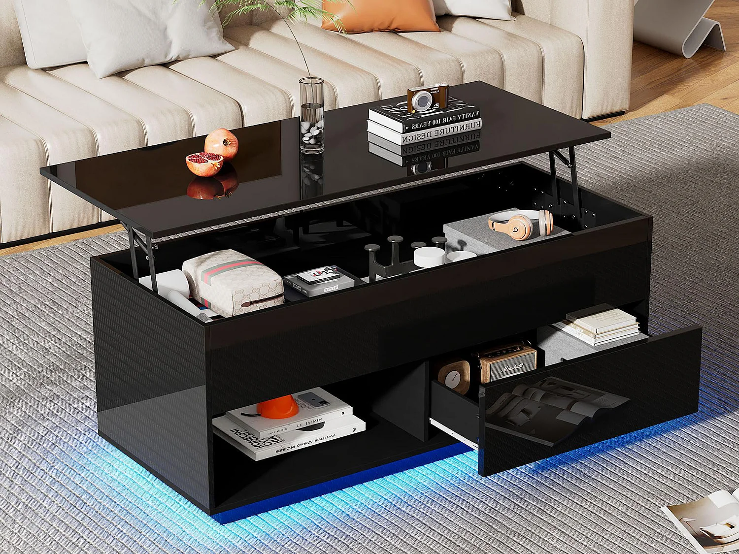 Tavolino Da Caffè Moderno HOMMPA Con Luce LED E Contenitore, Nero Lucido | Piano Sollevabile, Scomparto Nascosto, 2 Cassetti, 2 Ripiani Aperti, 60.000 Colori LED