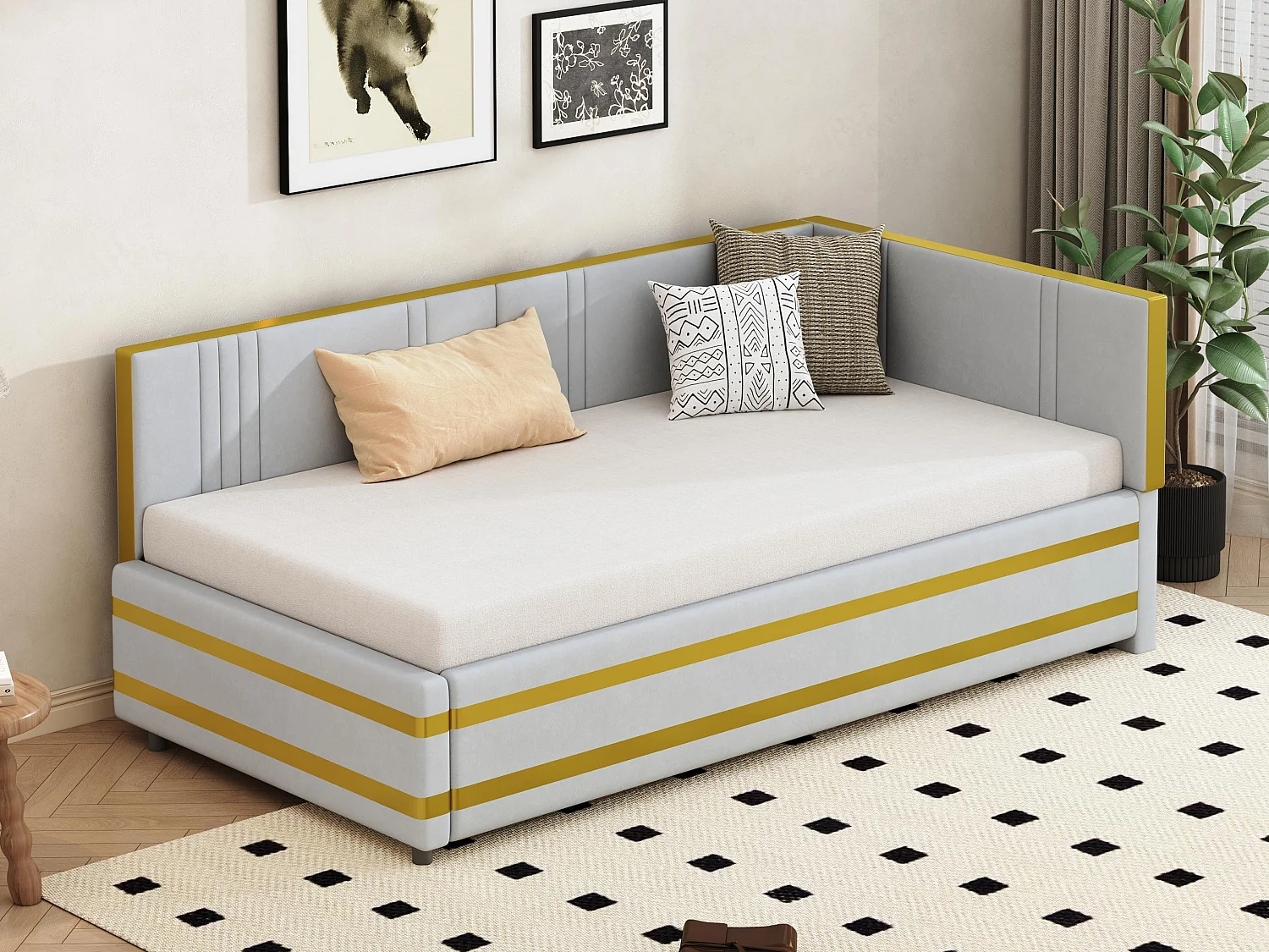 90 x 200 cm großes Schlafsofa aus Samt – mit Lattenrost – Hellgrau (Matratze nicht im Lieferumfang enthalten)