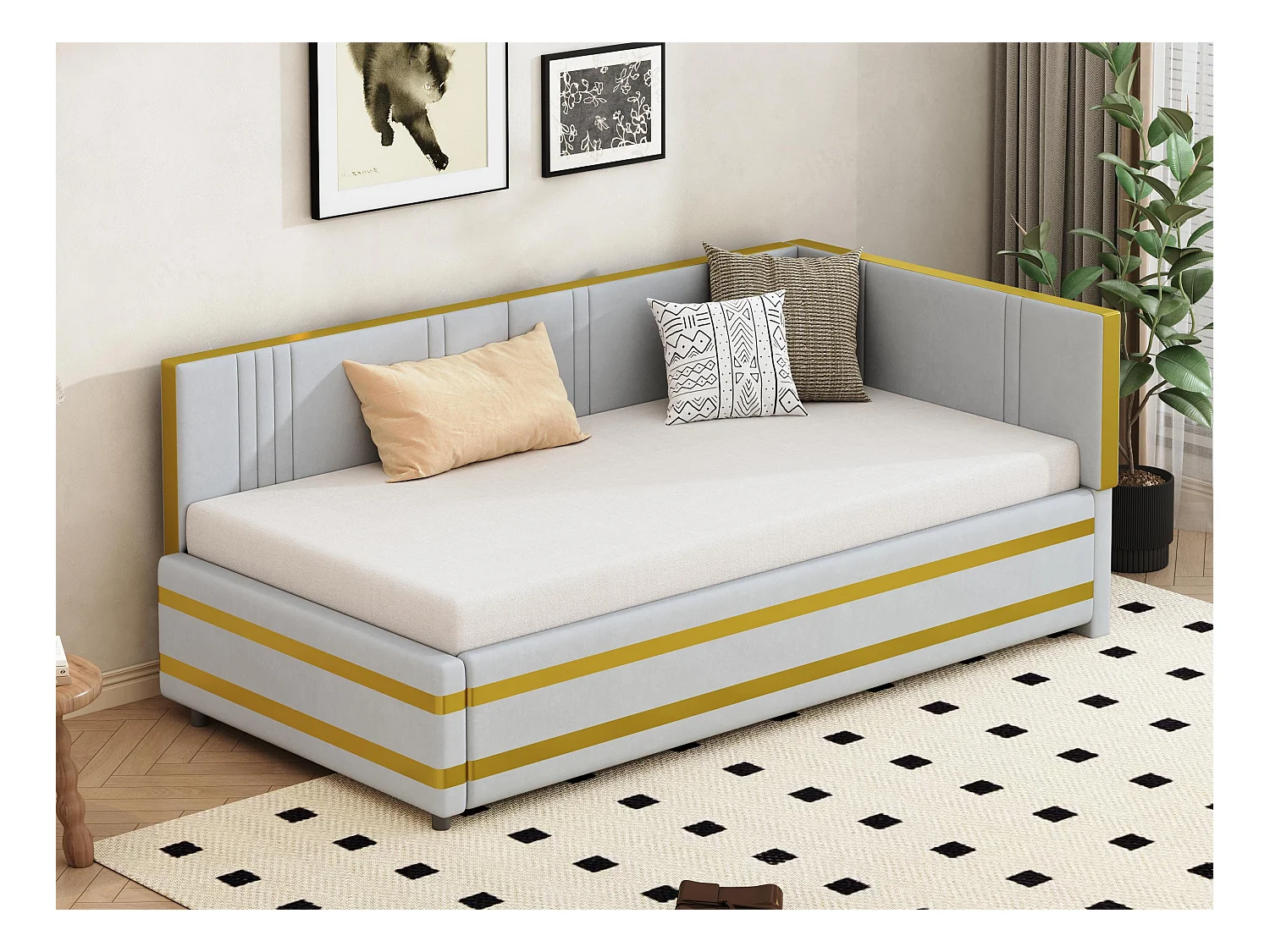 Lit banquette 90x200cm en velours - avec sommier à lattes - Gris clair (matelas non inclus)
