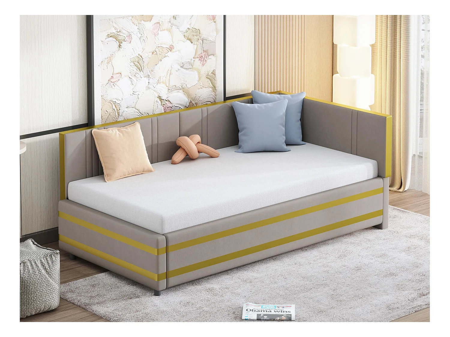 Lit banquette 90x200cm en velours - avec sommier à lattes - Gris (matelas non inclus)