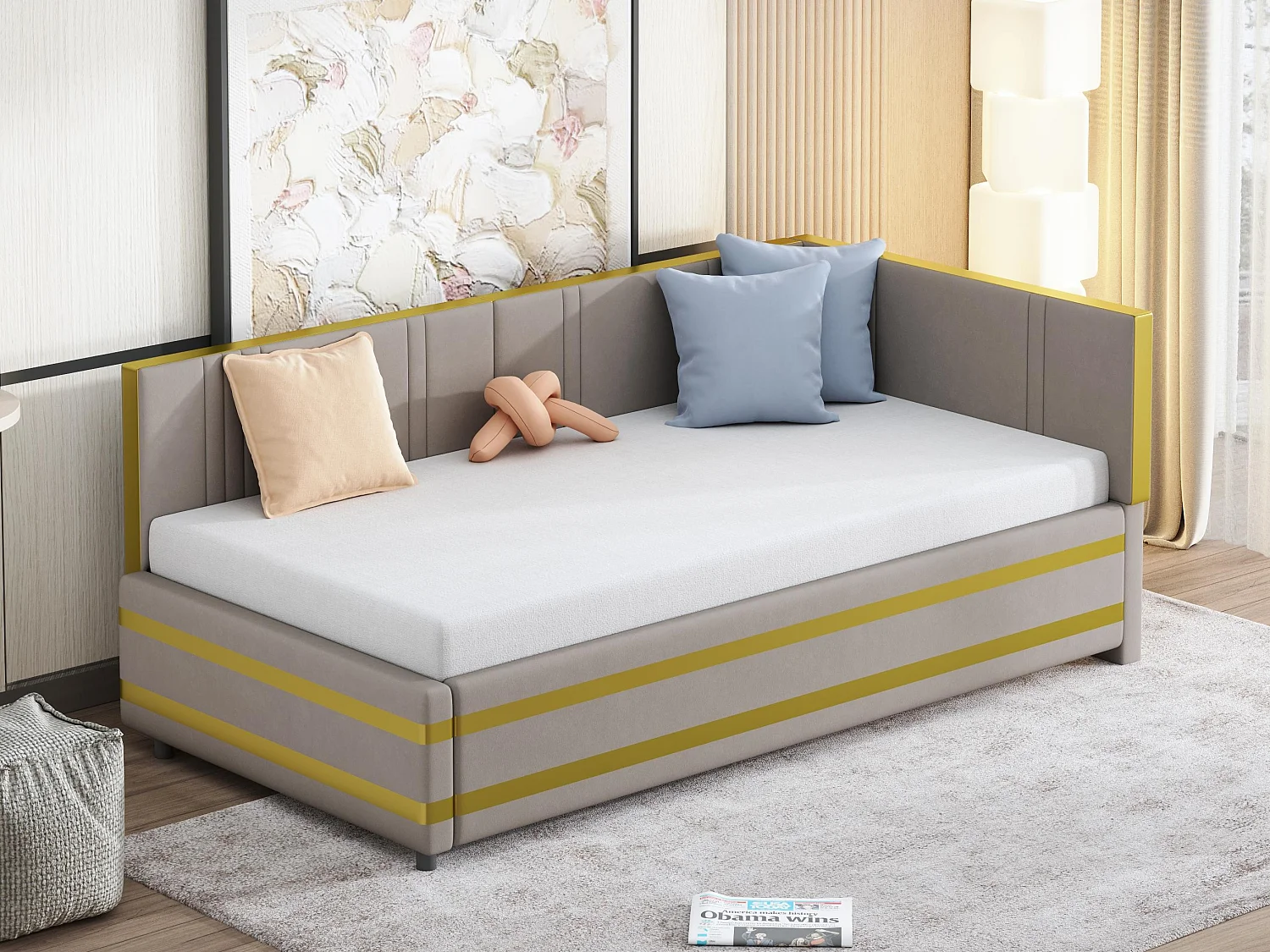 Lit banquette 90x200cm en velours - avec sommier à lattes - Gris (matelas non inclus)