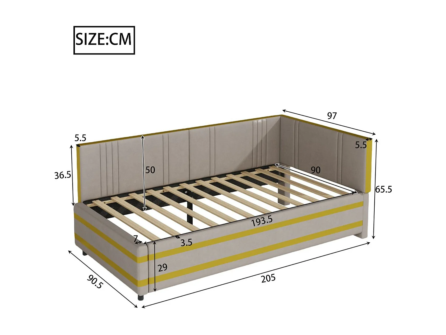 Lit banquette 90x200cm en velours - avec sommier à lattes - Gris (matelas non inclus)