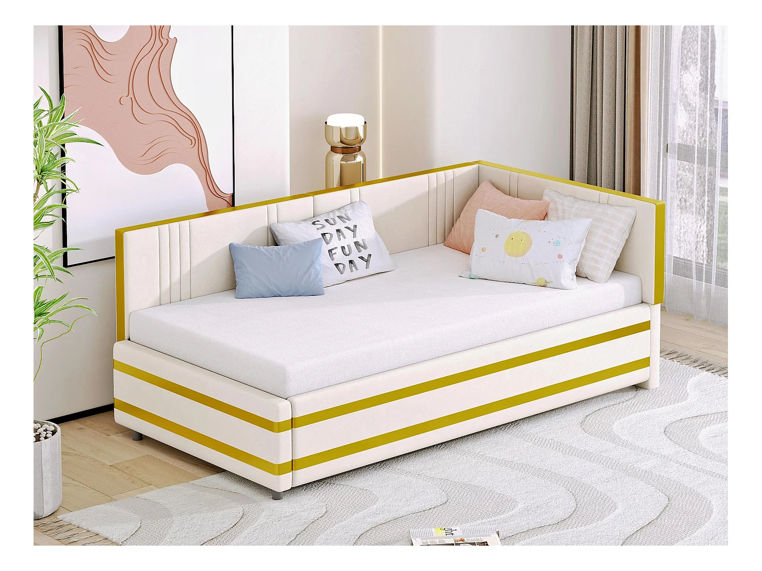 Lit banquette 90x200cm en velours - avec sommier à lattes - Beige (matelas non inclus)