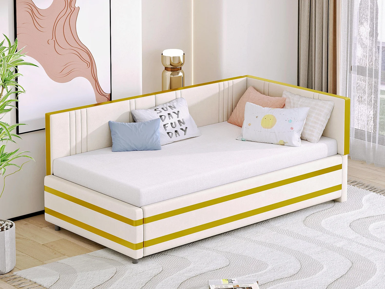 Sofá cama de terciopelo 90x200cm - con somier - Beige (colchón no incluido)