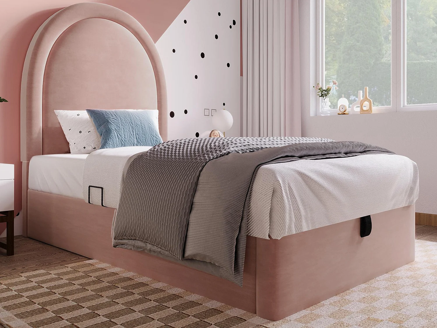 Cama de Bebé Estofada em Veludo - 90x200cm - Com Arrumação - Rosa