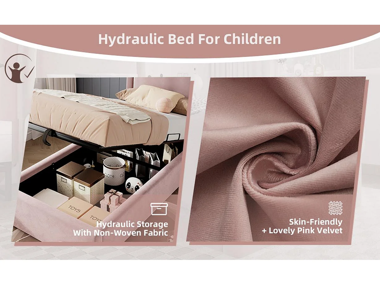 Cama de Bebé Estofada em Veludo - 90x200cm - Com Arrumação - Rosa