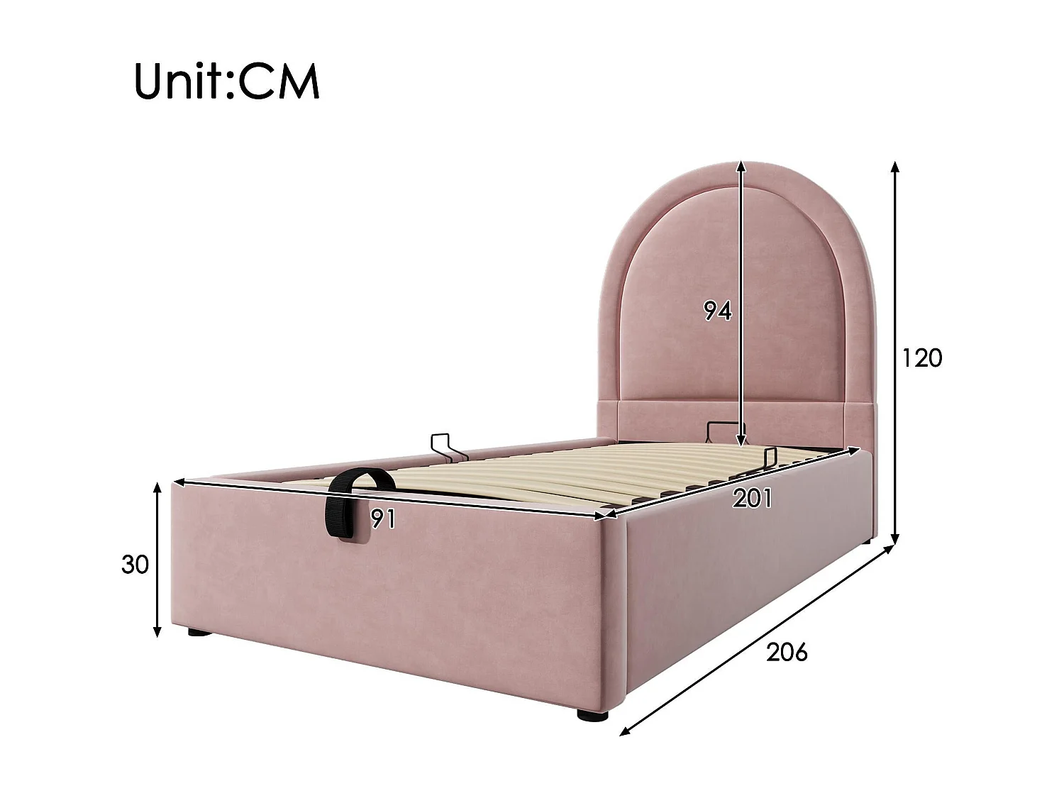 Cama de Bebé Estofada em Veludo - 90x200cm - Com Arrumação - Rosa