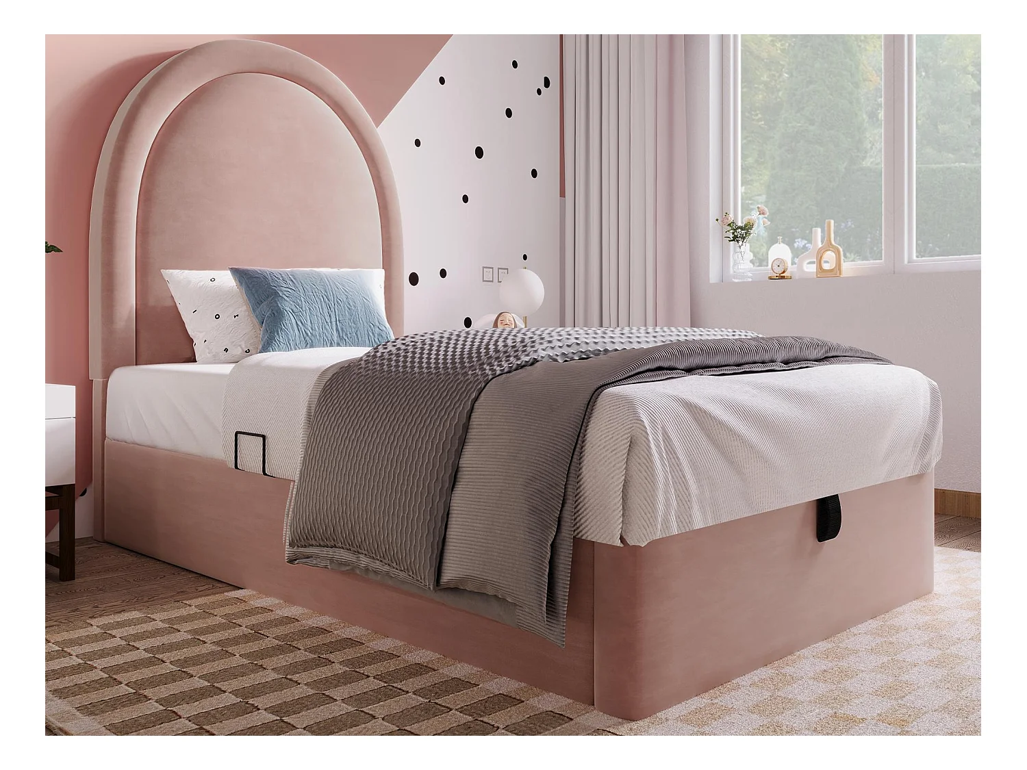 Fluweel gestoffeerd babybed - 90x200cm - met opbergruimte - roze