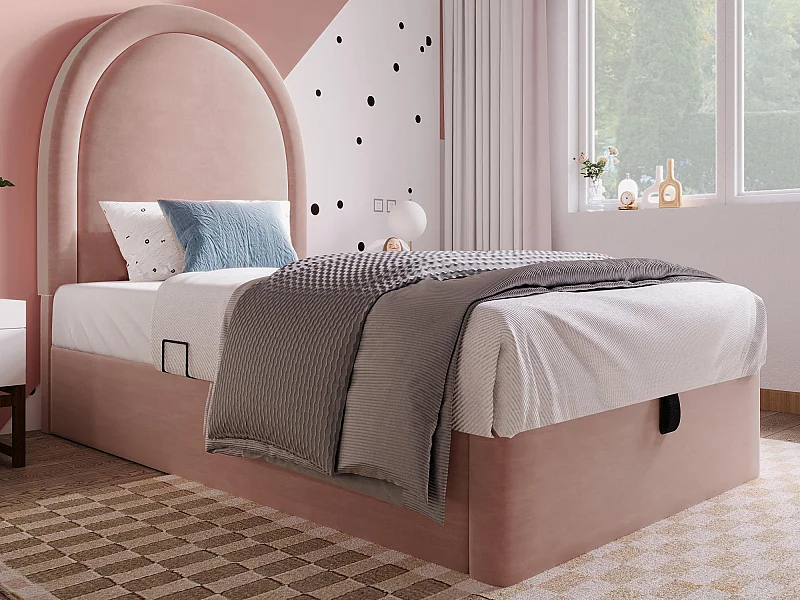 Lit enfant rembourré en velours - 90x200cm - avec rangement - Rose