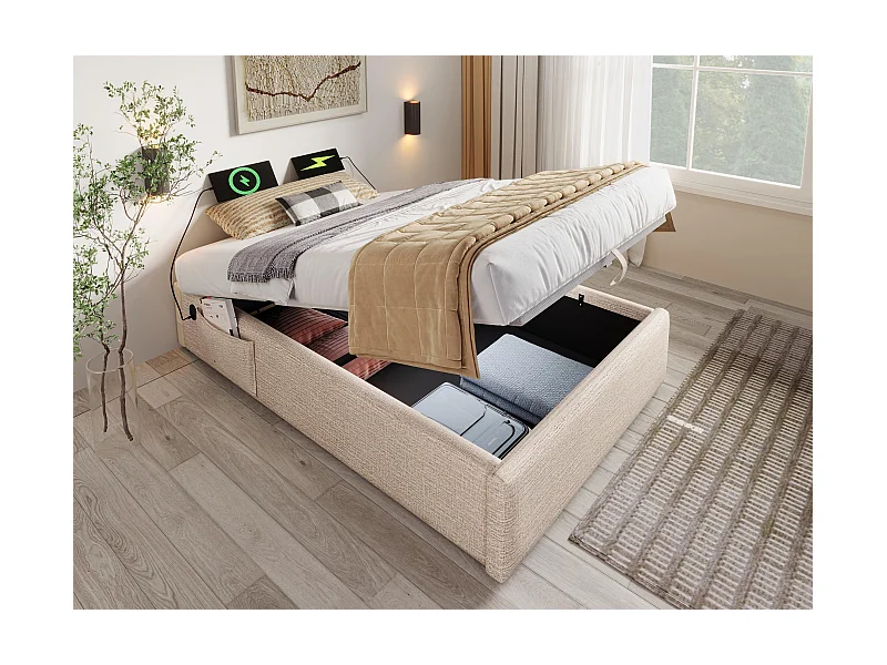 Letto contenitore imbottito 90×190 cm - tessuto lino - con prese di ricarica e cuscino a doghe - Beige
