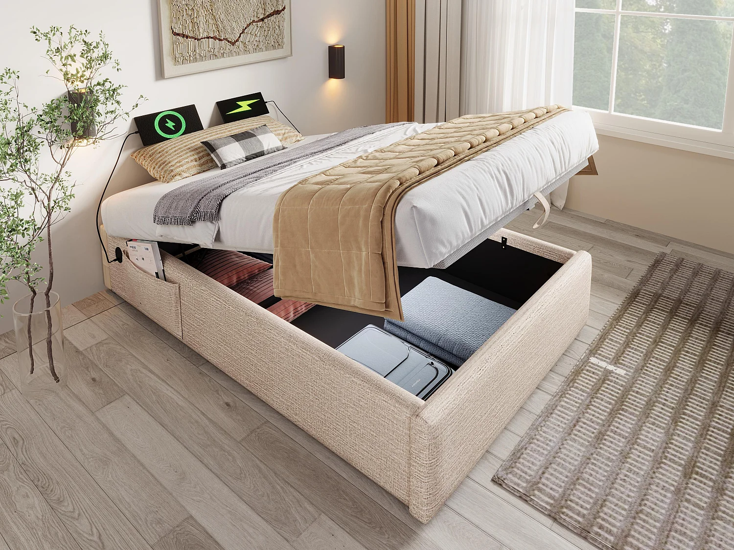 Lit coffre rembourré 90×190cm - tissu en lin - avec prises de recharge et sommier à lattes - Beige