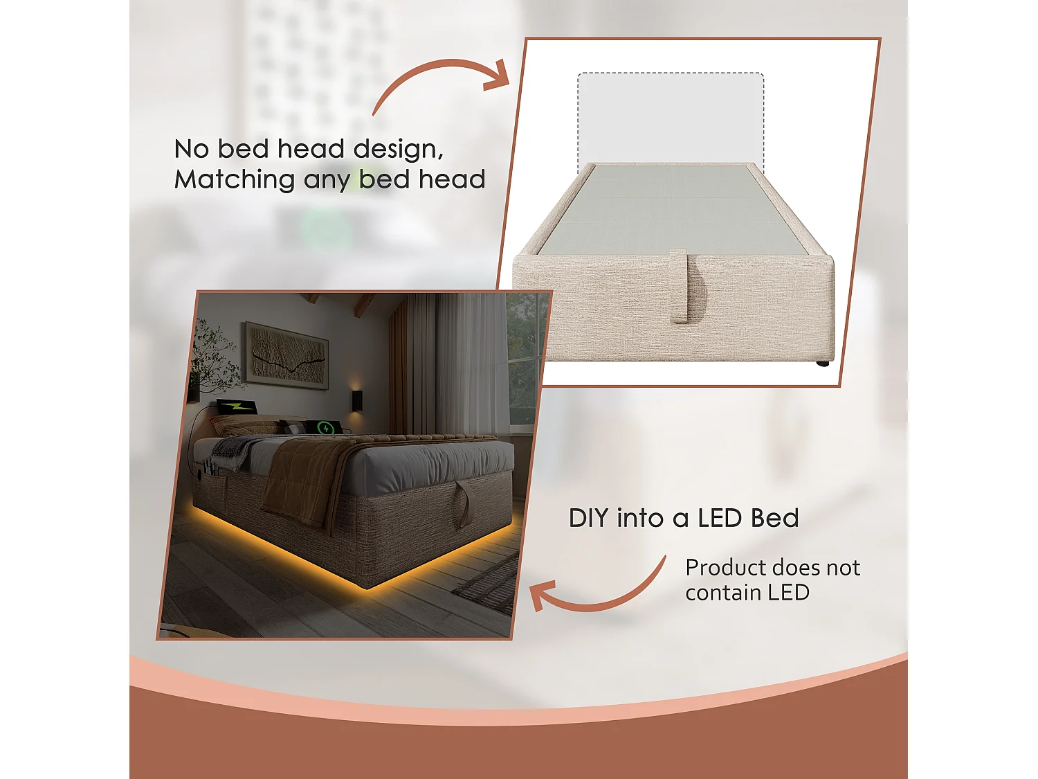 Lit coffre rembourré 90×190cm - tissu en lin - avec prises de recharge et sommier à lattes - Beige