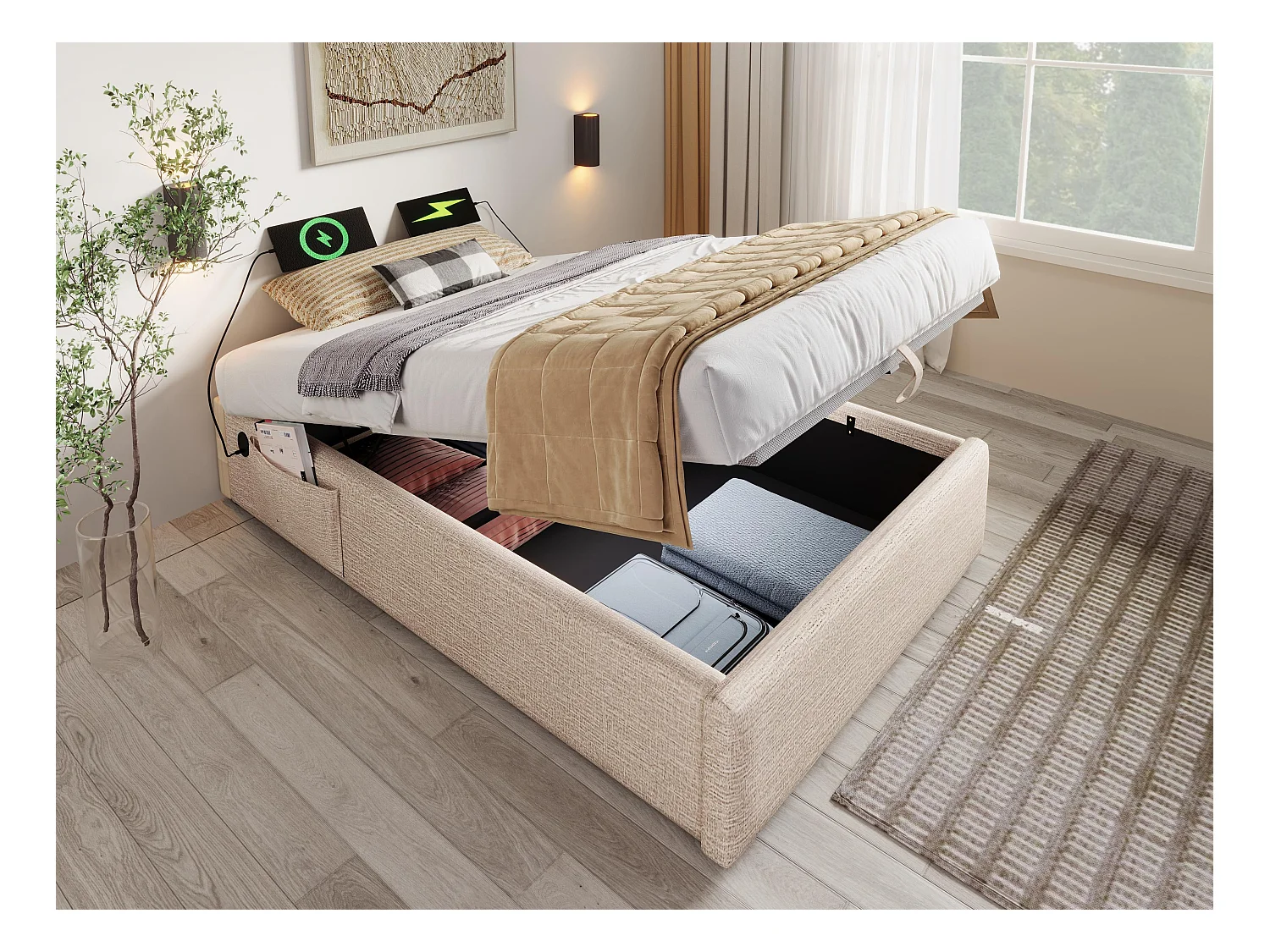 Lit coffre rembourré 90×190cm - tissu en lin - avec prises de recharge et sommier à lattes - Beige