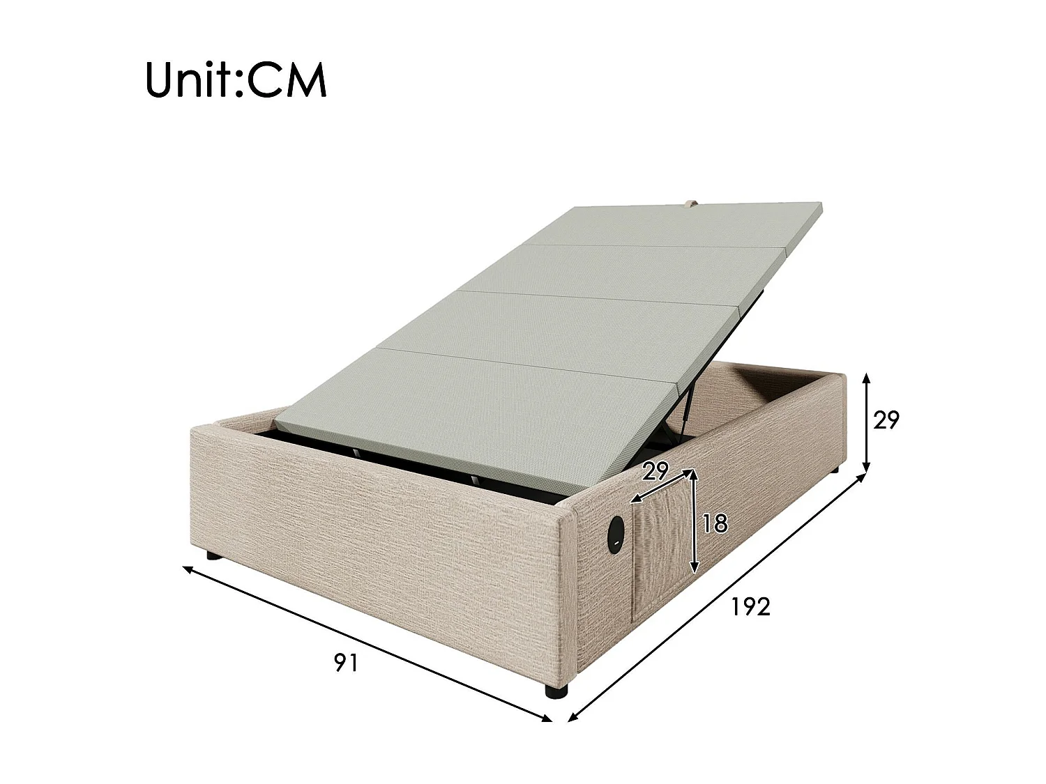 Cómoda tapizada 90×190 cm - tela de lino - con enchufes de carga y cojín de láminas - Beige