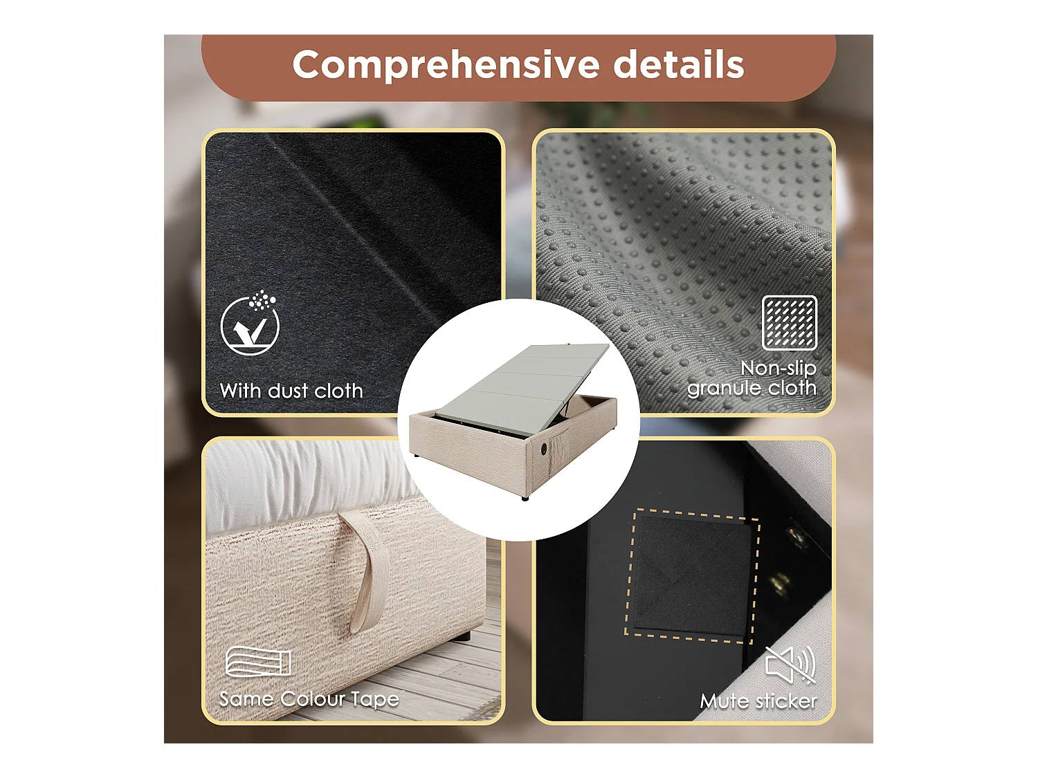 Cómoda tapizada 90×190 cm - tela de lino - con enchufes de carga y cojín de láminas - Beige