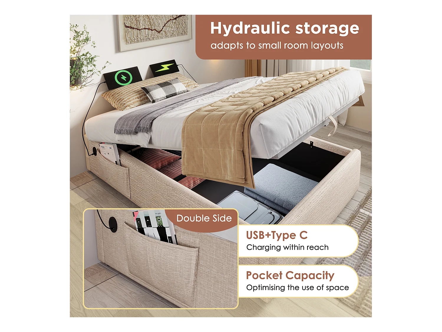 Cómoda tapizada 90×190 cm - tela de lino - con enchufes de carga y cojín de láminas - Beige