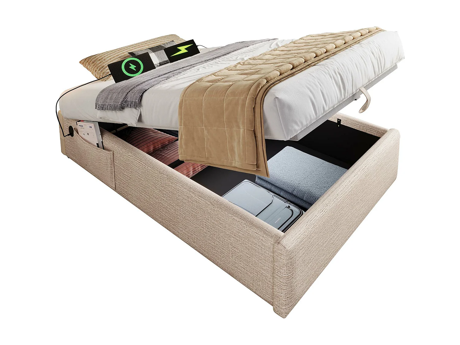 Lit coffre rembourré 90×190cm - tissu en lin - avec prises de recharge et sommier à lattes - Beige