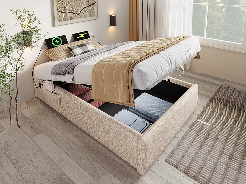 Gestoffeerd borstbed 90×190cm - linnenstof - met oplaadpunten en lattenbodemkussen - Beige