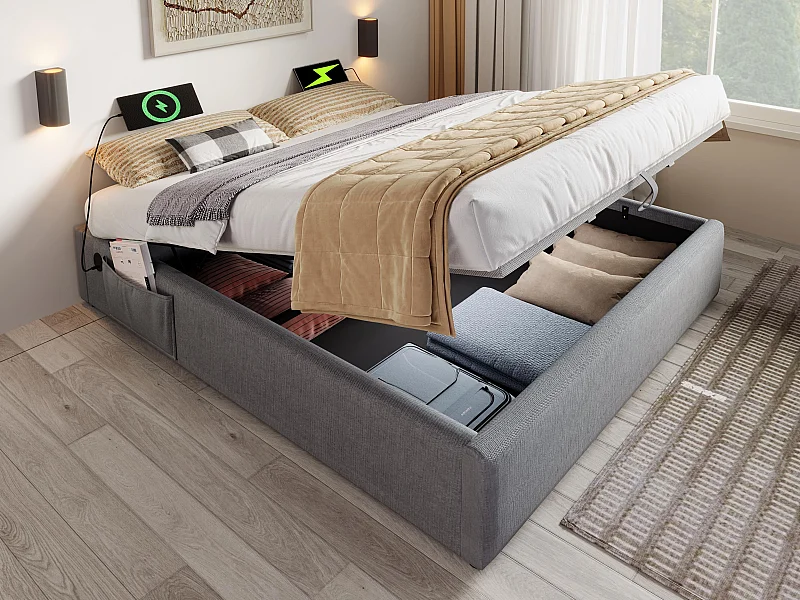 Cama baú estofada 140×200cm - tecido linho - com tomadas recarregáveis ​​e almofada de ripas - Cinza