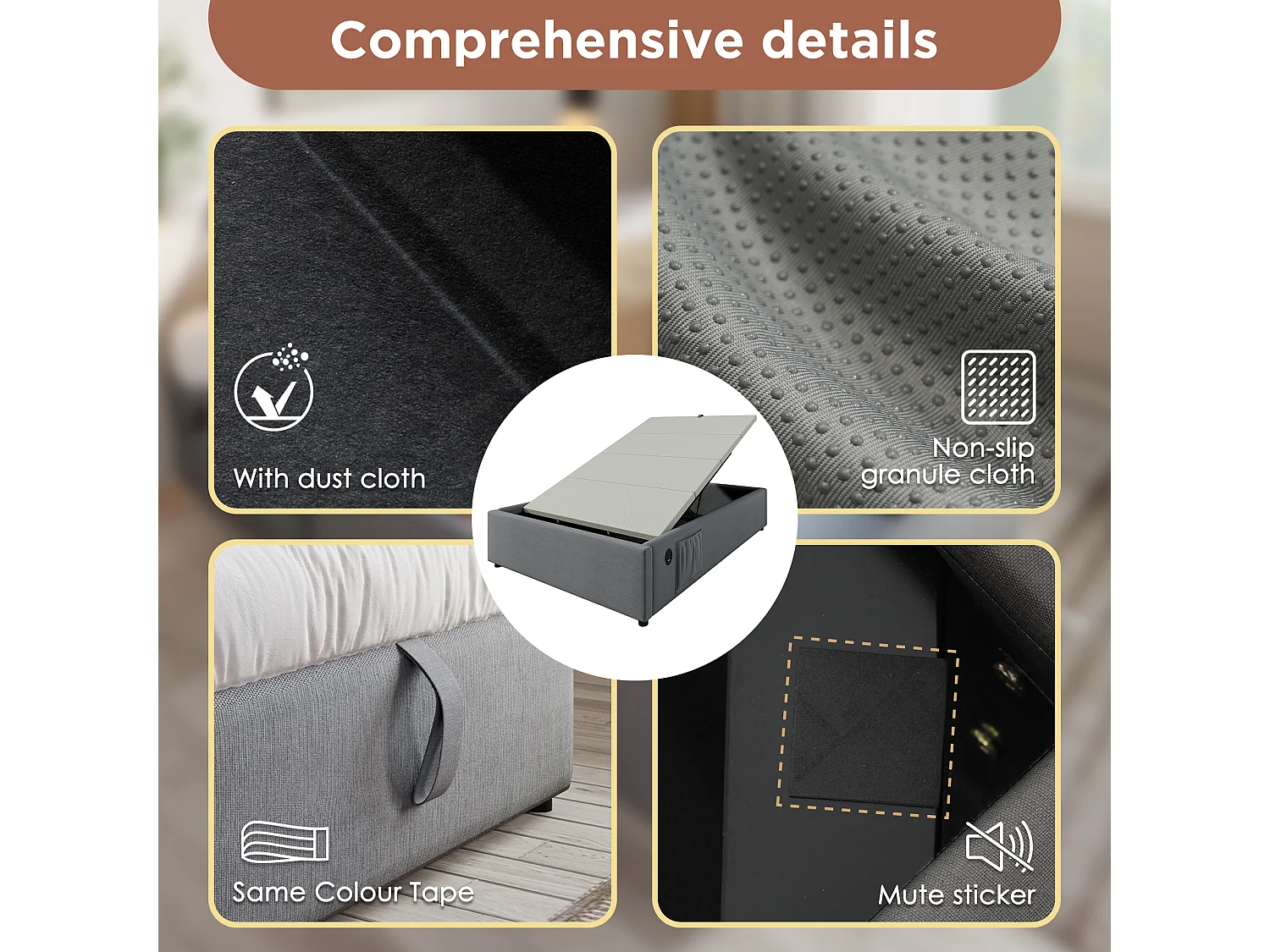 Letto baule imbottito 140×200 cm - tessuto lino - con prese ricaricabili e cuscino a doghe - Grigio