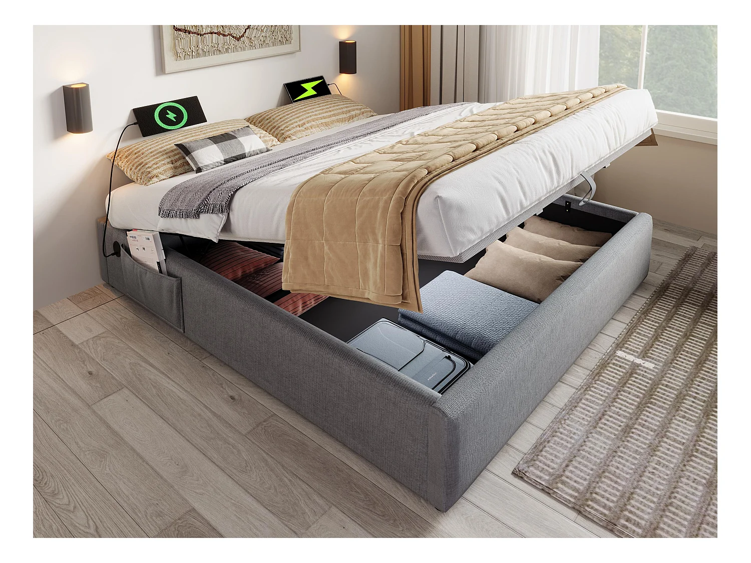 Lit coffre rembourré 140×200cm - tissu en lin - avec prises de recharge et sommier à lattes - Gris