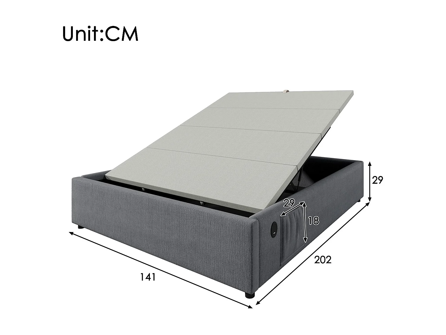 Lit coffre rembourré 140×200cm - tissu en lin - avec prises de recharge et sommier à lattes - Gris