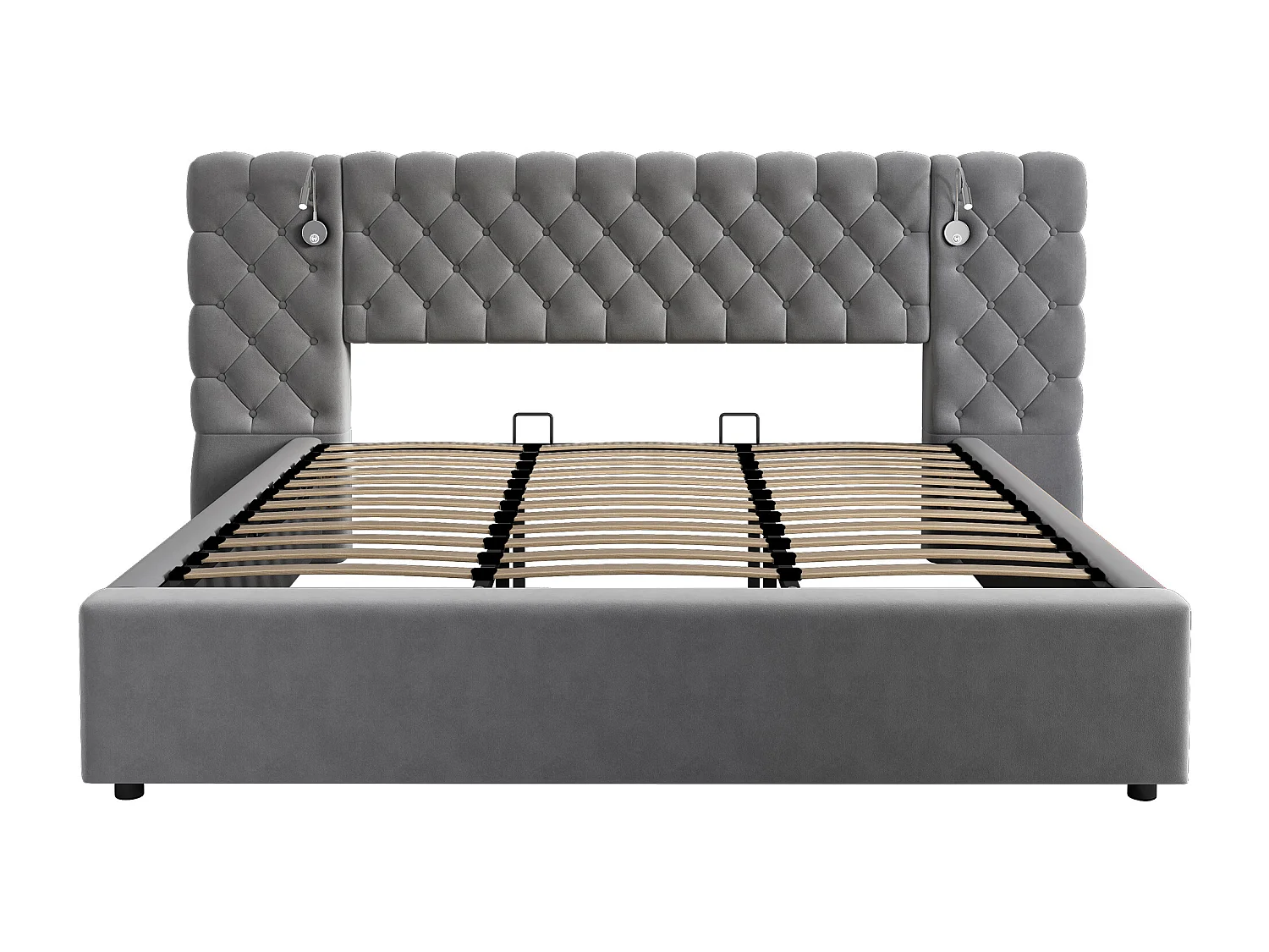 Lit coffre rembourré 180x200 cm en velours - avec lampe de lecture et sommier à lattes - Gris