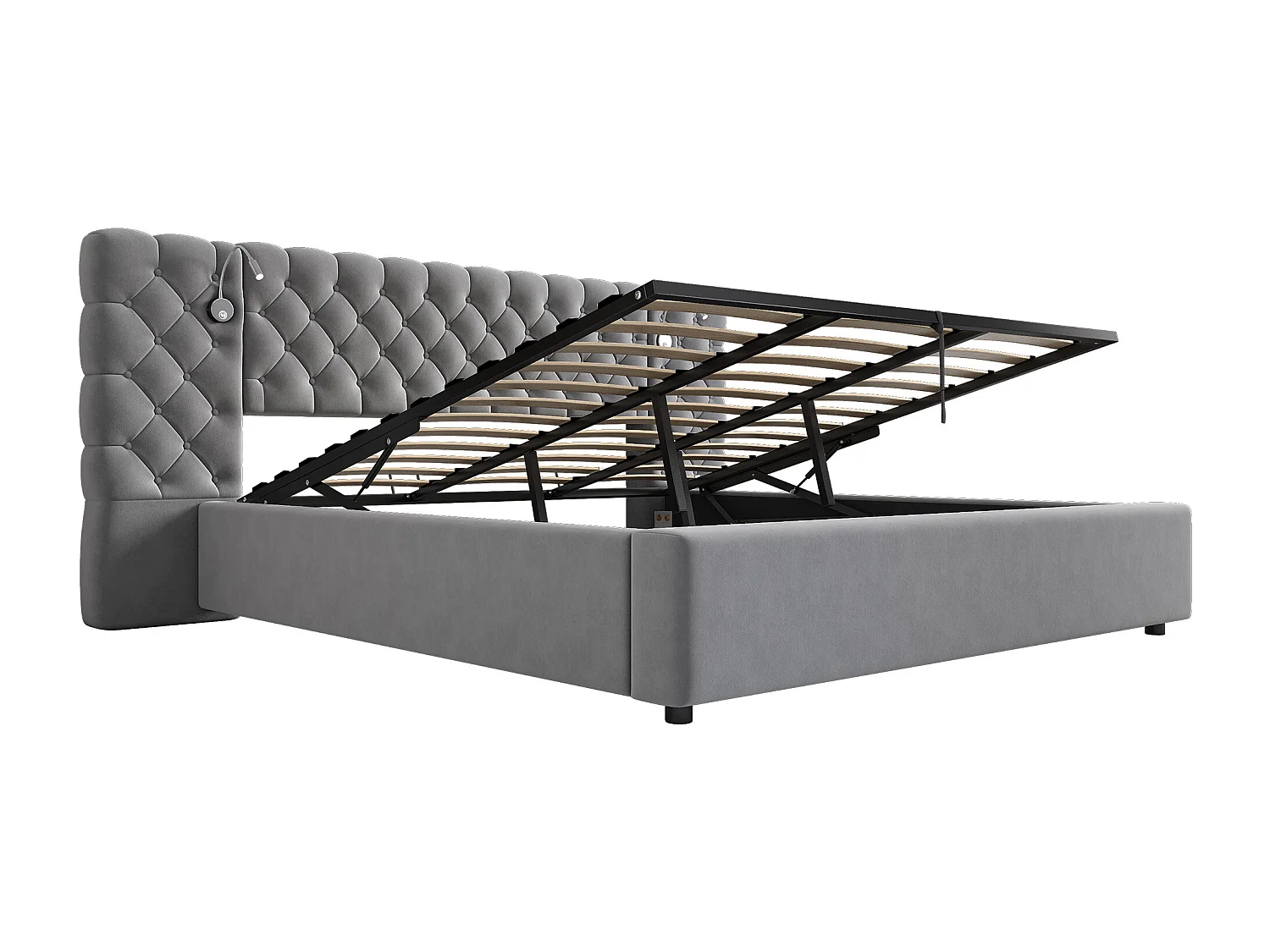 Lit coffre rembourré 180x200 cm en velours - avec lampe de lecture et sommier à lattes - Gris
