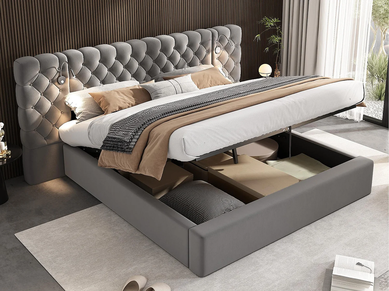 Lit coffre rembourré 180x200 cm en velours - avec lampe de lecture et sommier à lattes - Gris