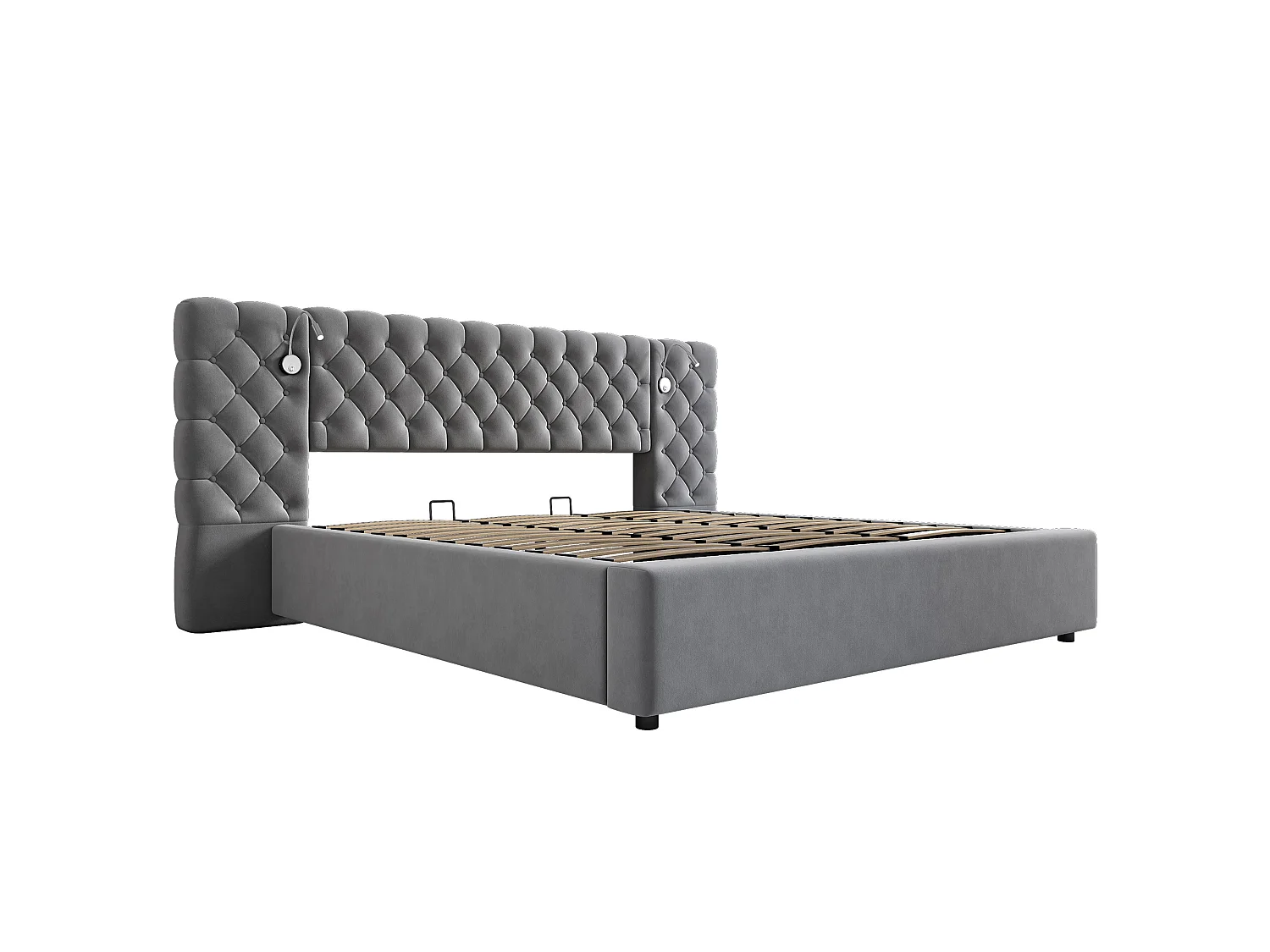 Lit coffre rembourré 180x200 cm en velours - avec lampe de lecture et sommier à lattes - Gris