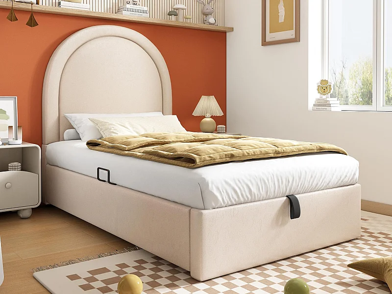 Gemustertes, ähnlich gepolstertes Babybett – 90 x 200 cm – mit Stauraum – Beige