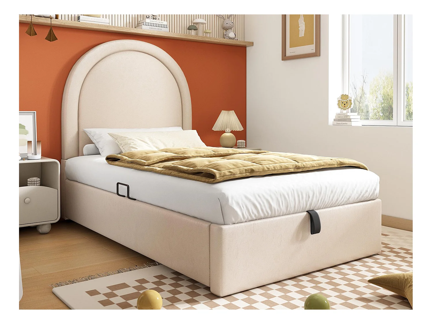Gelijkaardig gestoffeerd babybedje met patroon - 90x200cm - met opbergruimte - Beige