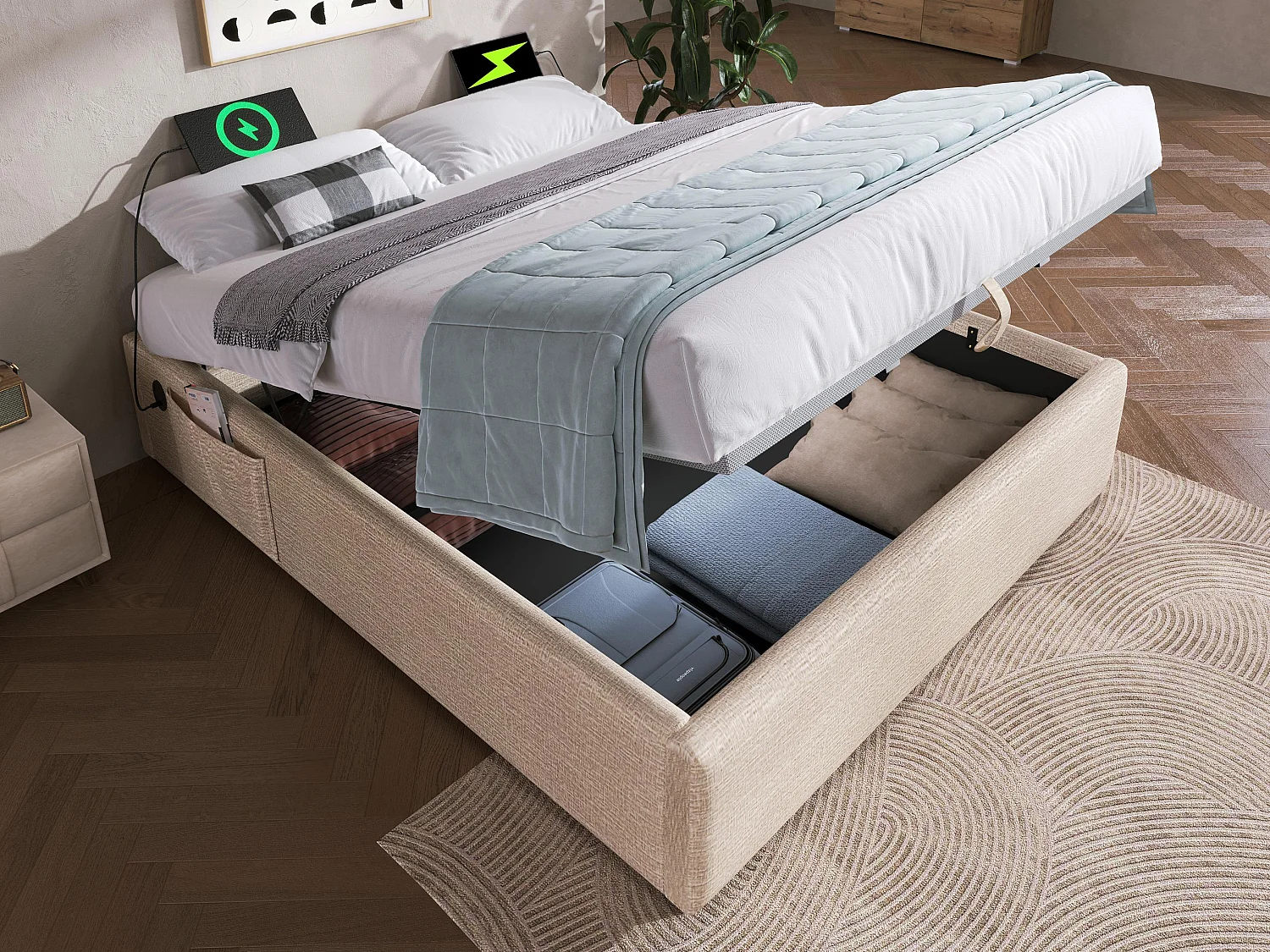 Gepolstertes Truhenbett 160×200cm – Leinenstoff – mit Ladesteckdosen und Lattenrostkissen – Beige