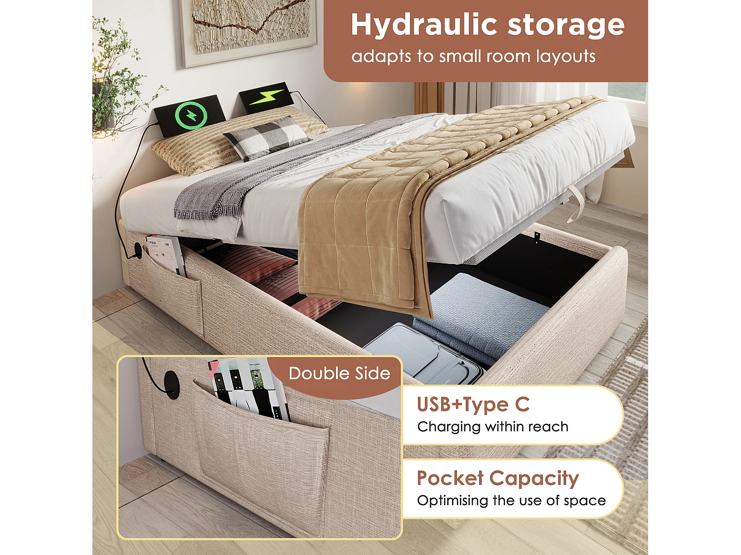 Gepolstertes Truhenbett 160×200cm – Leinenstoff – mit Ladesteckdosen und Lattenrostkissen – Beige