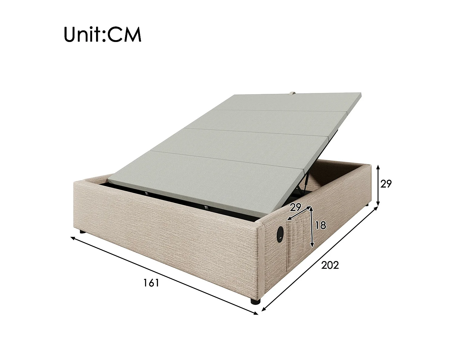 Gepolstertes Truhenbett 160×200cm – Leinenstoff – mit Ladesteckdosen und Lattenrostkissen – Beige