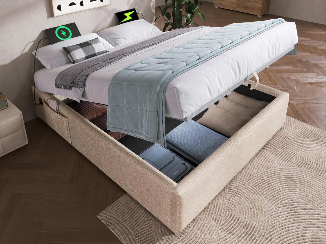 Letto contenitore imbottito 160×200 cm - tessuto lino - con prese di ricarica e cuscino a doghe - Beige